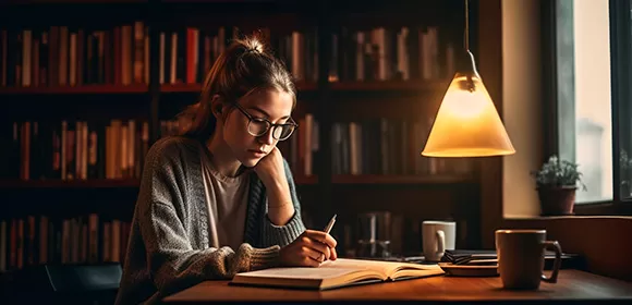 Estudante analisando os principais erros no estudo de inglês em uma prova corrigida sobre a mesa.